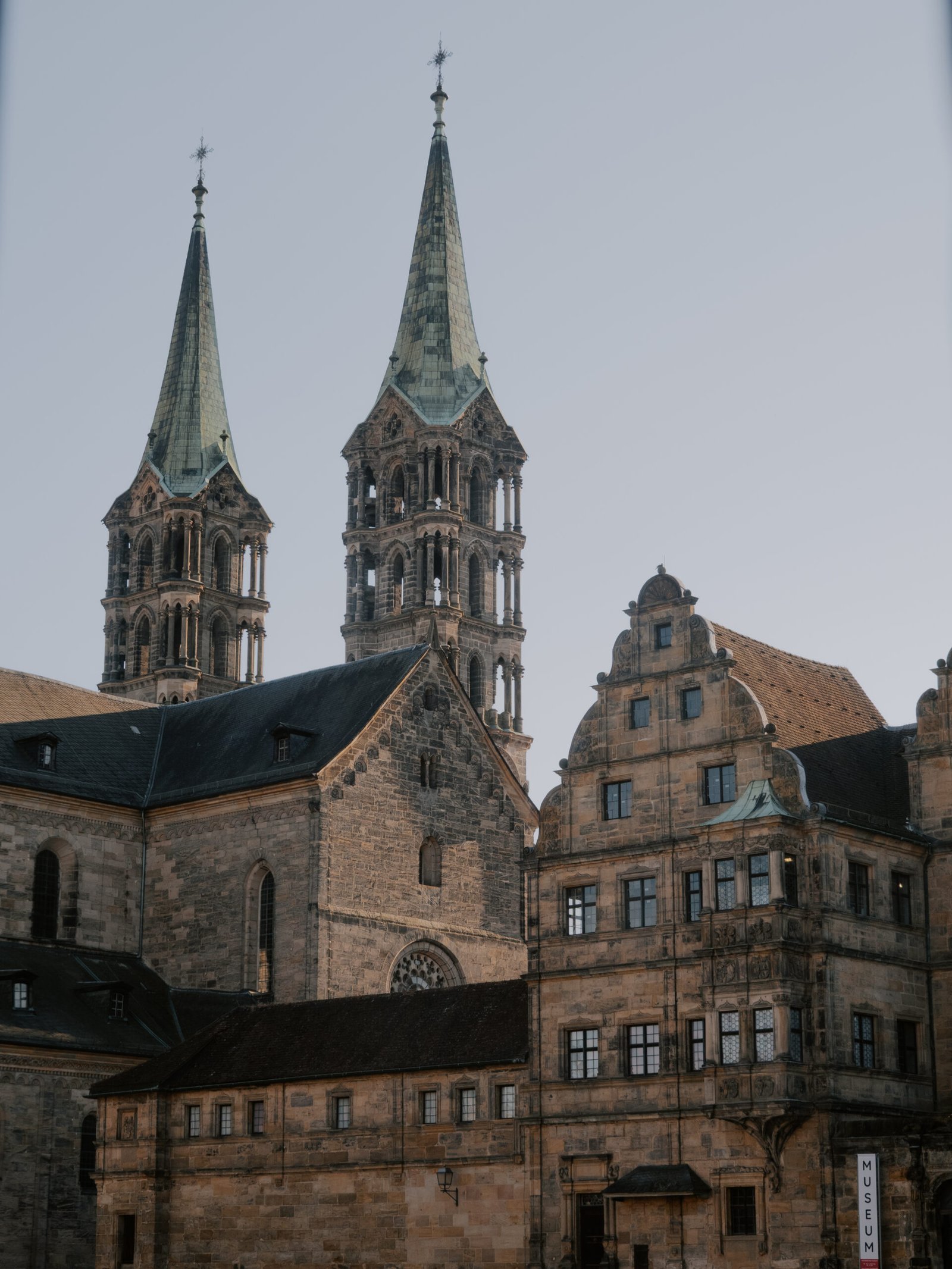 The twin Gothic towers of Bamberg Cathedral (Bamberger Dom) at sunset