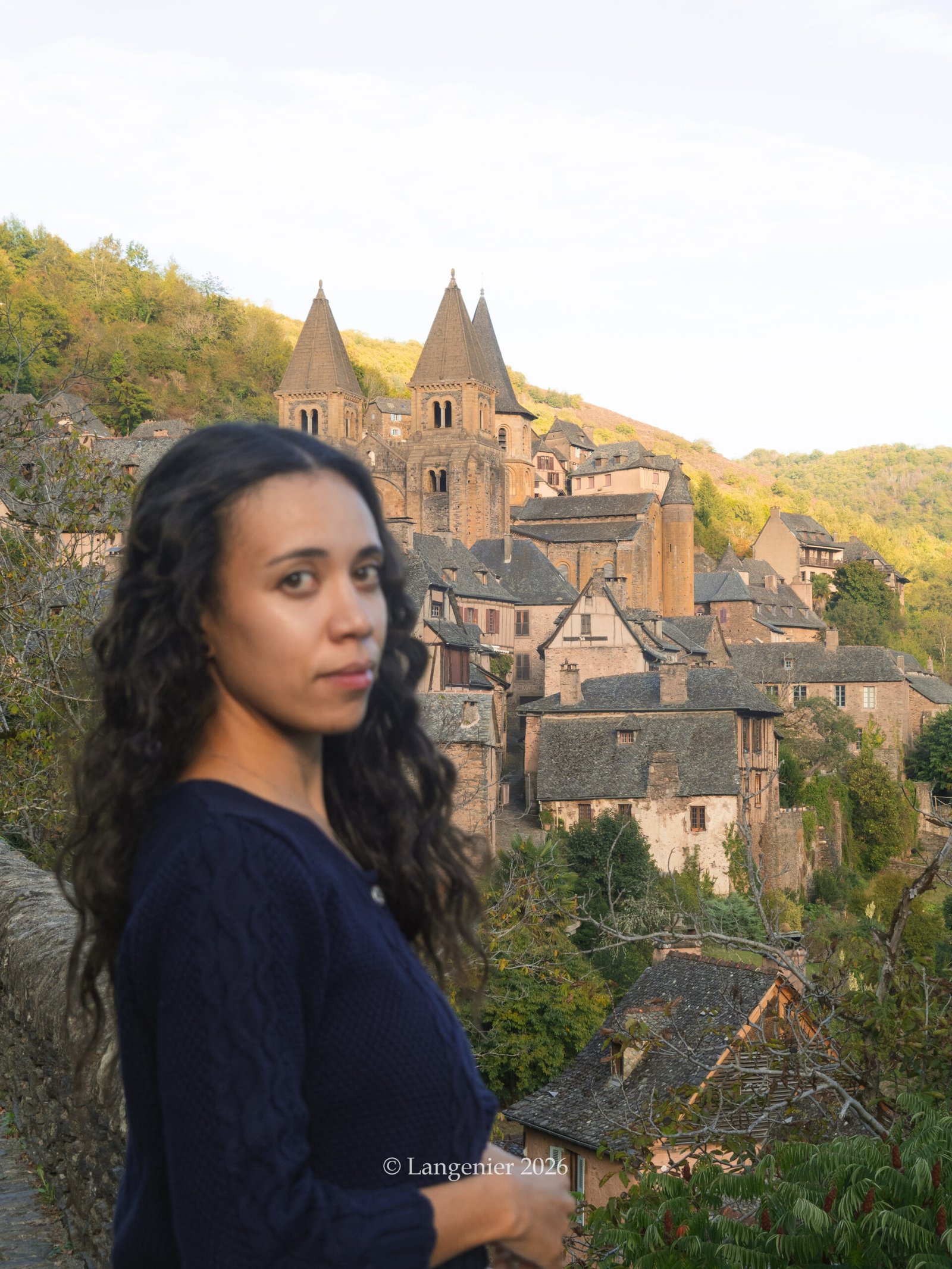 Panoramic view of Conques village with the abbey at its centre, Aveyron, France